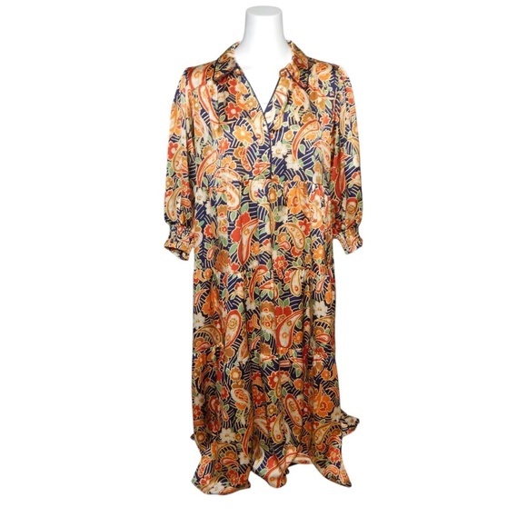 Umgee+ Julian Satin Paisley Midi Dress Size 1XL Blue Orange 3/4 Puff Sleeve - Picture 6 of 6